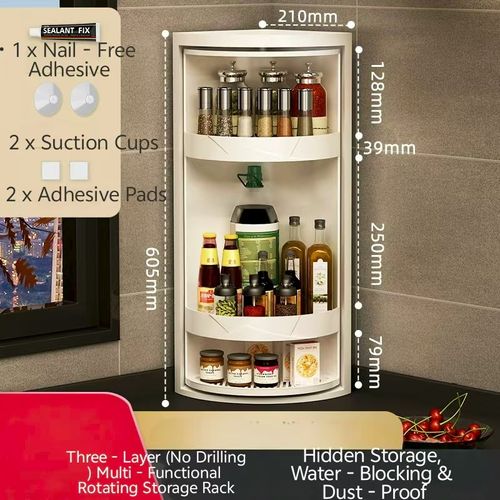 Multi - purpose Rotating Corner Storage Rack For Kitchen & Bathroom Ideal for Spices Seasonings Shower Gel Soap Cosmetics Countertop or Wall - Mounted Triangular Organizer