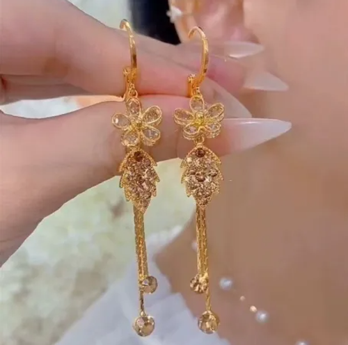 Shiny Diamond Zircon Gold Floral and Leaf Tassel Earrings