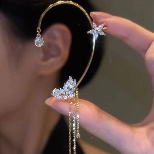 New style long tassel clip-on earrings without pierced ears, super shiny, niche, elf butterfly design, light luxury with diamond inlays​