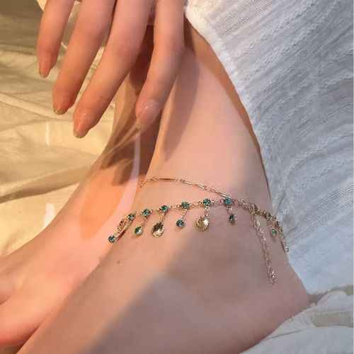Blue Love Ultra-Shiny Double-Layer Shell Anklet for Women, Summer Vibe Layerable Clavicle Chain, Tassel Necklace & Delicate Foot Chain