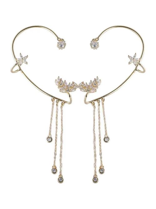 New style long tassel clip-on earrings without pierced ears, super shiny, niche, elf butterfly design, light luxury with diamond inlays​