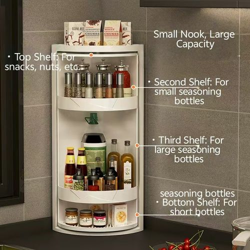 Multi - purpose Rotating Corner Storage Rack For Kitchen & Bathroom Ideal for Spices Seasonings Shower Gel Soap Cosmetics Countertop or Wall - Mounted Triangular Organizer