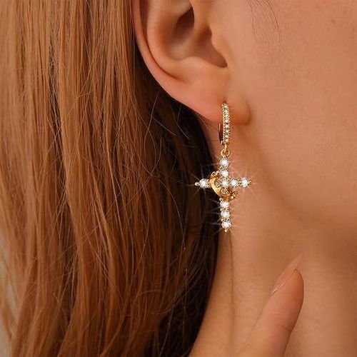 Fashion Jewelry Cross Drop Earrings High Quality Earrings Sparkling Zircon Crown Pendant Hoop Earrings