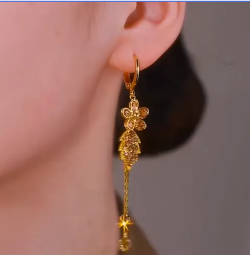 Shiny Diamond Zircon Gold Floral and Leaf Tassel Earrings