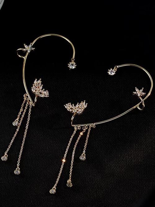 New style long tassel clip-on earrings without pierced ears, super shiny, niche, elf butterfly design, light luxury with diamond inlays​