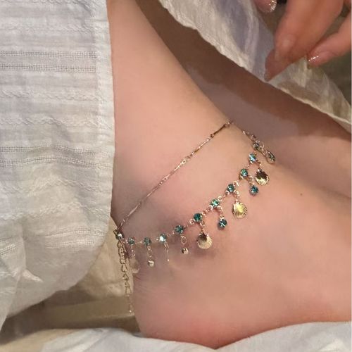 Blue Love Ultra-Shiny Double-Layer Shell Anklet for Women, Summer Vibe Layerable Clavicle Chain, Tassel Necklace & Delicate Foot Chain