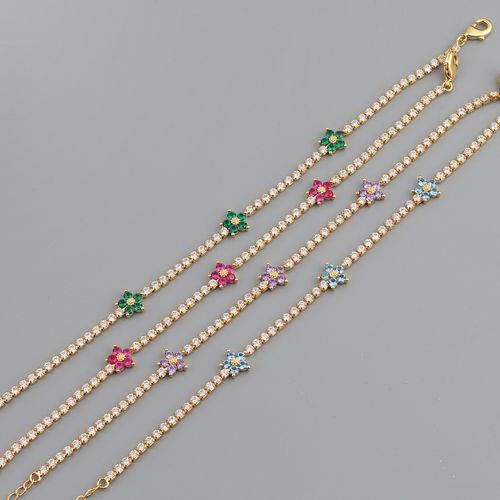 INS Hot Minimalist Jewelry Luxury Diamond Stack Colorful Three Flower Charm Gold Plated CZ Zircon Tennis Chain Bracelet Women