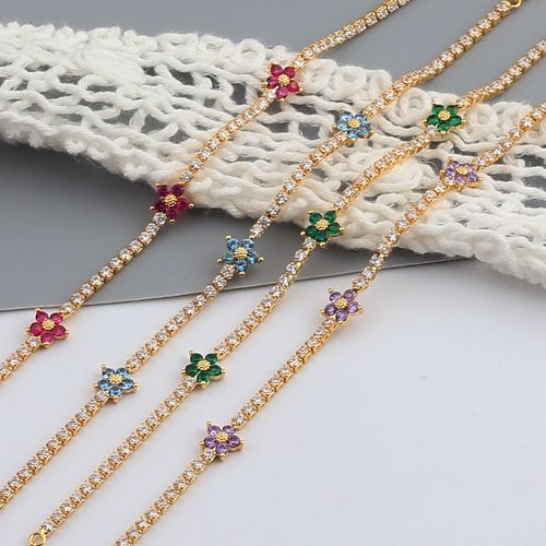 INS Hot Minimalist Jewelry Luxury Diamond Stack Colorful Three Flower Charm Gold Plated CZ Zircon Tennis Chain Bracelet Women