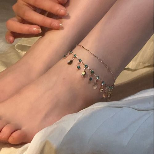 Blue Love Ultra-Shiny Double-Layer Shell Anklet for Women, Summer Vibe Layerable Clavicle Chain, Tassel Necklace & Delicate Foot Chain