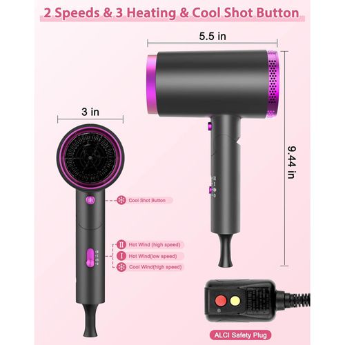 2000W Foldable Hair Dryer with Diffuser & Concentrator, Ionic Fast Drying for African Hair
