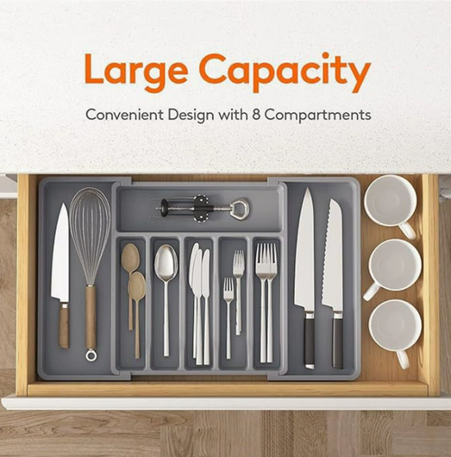 Silverware Storage Tray (with Outer Casing) — Adjustable Cutlery Organizer, Expandable Plastic Drawer Insert (Black)