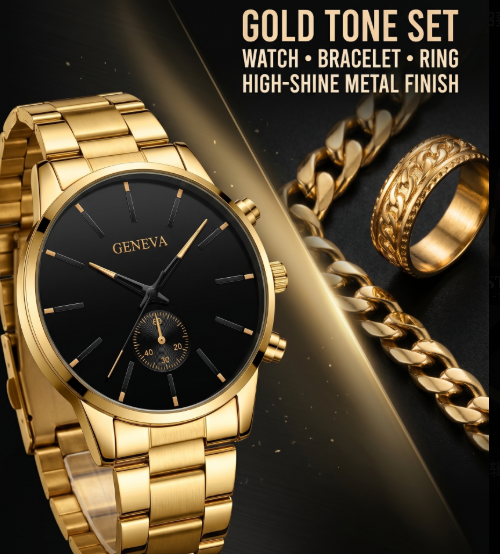 Luxury Gold Geneva Men Watch Set Classic Business Quartz Wristwatch Hip Hop Bracelet Necklace Ring 4Pcs Fashion Male Jewelry Gift Set