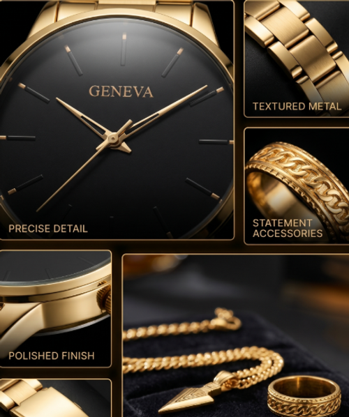 Luxury Gold Geneva Men Watch Set Classic Business Quartz Wristwatch Hip Hop Bracelet Necklace Ring 4Pcs Fashion Male Jewelry Gift Set