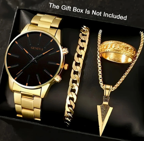Luxury Gold Geneva Men Watch Set Classic Business Quartz Wristwatch Hip Hop Bracelet Necklace Ring 4Pcs Fashion Male Jewelry Gift Set