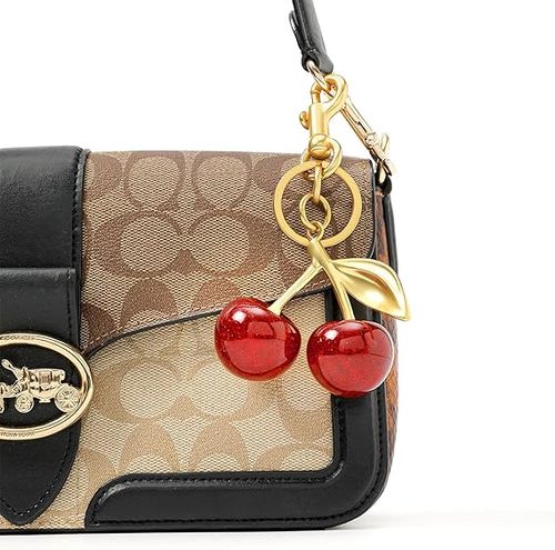 Shiny Red Cherry Bag Charm Keychain | Vintage Gold Plated 3D Fruit Pendant | Cute Handbag Key Ring Accessory | Perfect Girl Gift Free Delivery