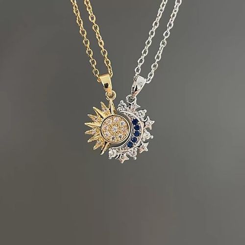LISHANTI Elegant Sun and Moon Pendant Necklace Set for Women | Gold and Silver Tone Chains with Sparkling Stones | Gift for Her, Birthday, Anniversary Jewelry