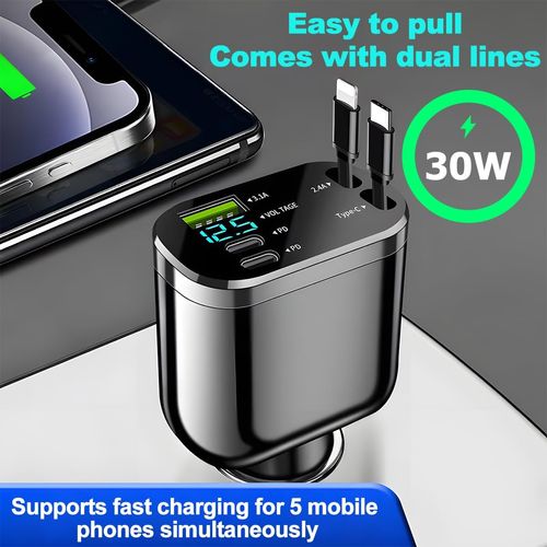 🚗 3-in-1 Retractable Car Charger Dual Type-C PD Fast Charging Cable ⚡ M4 Telescopic Charging Cable Super Fast Charger with Packaging