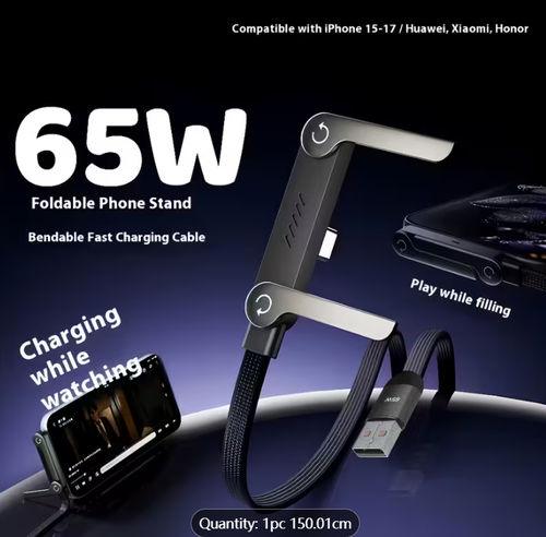 2026 Latest XNI65W Foldable Phone Holder Data Cable USB-C Super Fast Charge, Charging Cable 1.5 Meters, 65W Braided Fast Charging Cable with Built-In Phone Holder T-Shaped Folding Design, Suitable for Iphone15-17 Series