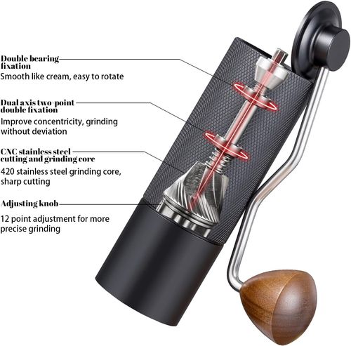 Manual Coffee Grinder Capacity 25 Grams, Stainless Steel Burrs - Wooden Handle, Burr Coffee Grinder for Home, Office, Camping, Hiking (Black)