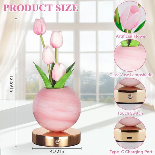 Tulip Table Lamp, Rechargeable Cordless Touch Dimming Artificial Tulip Flower Desk Lamp, LED Flower Bedside Night Light Romantic Gifts for Girl Women Mom