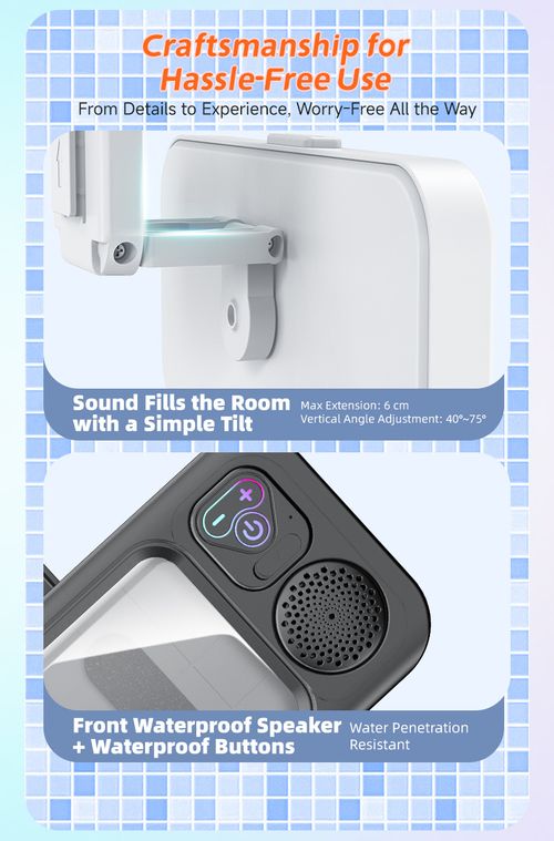Waterproof Bathroom Bluetooth Speaker | Wall Mount Phone Holder Touch Screen Shower Speaker 2 In 1 Shower Phone Stand & Bluetooth Speaker | IPX Waterproof For Bathroom Kitchen Portable Wall Mount Waterproof Speaker | Hands Free Music & Video Viewing For Shower