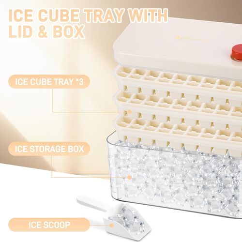 🧊Press Ice Cube Tray + Free Ice Scoop, Easy ReleaseIce Cube Tray with 100 Ice Cubes, Ice Cube Tray with Lid and Container Including Lid and Container, Easy Press to Release Ice, 2 Levels, 1 Ice Bucket
