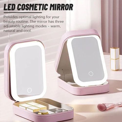 Led Three-Color Adjustable Makeup Mirror, Makeup Bag with Led Mirror, Rechargeable Makeup Mirror with Lights, Portable Travel Makeup Bag, Cosmetic Case