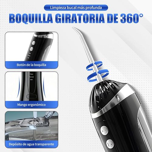 Irrigador Bucal, Irrigador Bucal Inalámbrico Portatil 3 Modos de Limpieza y 4 Puntas IPX7 Impermeable Limpiador de Dientes Recargable por USB para Hogar y Viajes (Negro)