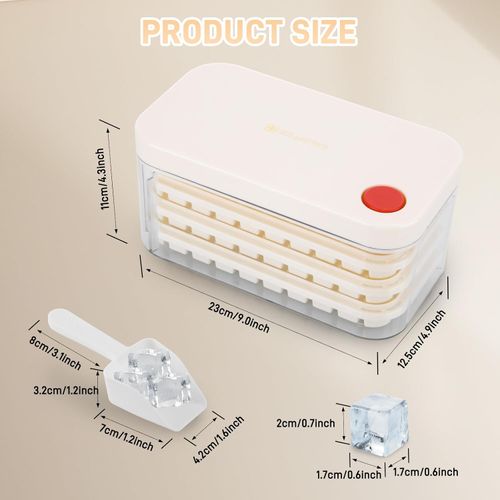 🧊Press Ice Cube Tray + Free Ice Scoop, Easy ReleaseIce Cube Tray with 100 Ice Cubes, Ice Cube Tray with Lid and Container Including Lid and Container, Easy Press to Release Ice, 2 Levels, 1 Ice Bucket