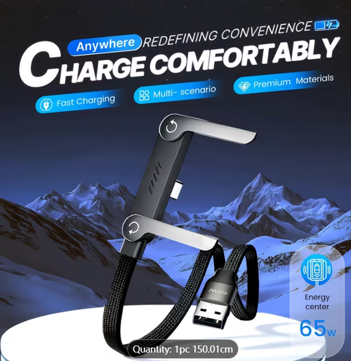 2026 Latest XNI65W Foldable Phone Holder Data Cable USB-C Super Fast Charge, Charging Cable 1.5 Meters, 65W Braided Fast Charging Cable with Built-In Phone Holder T-Shaped Folding Design, Suitable for Iphone15-17 Series