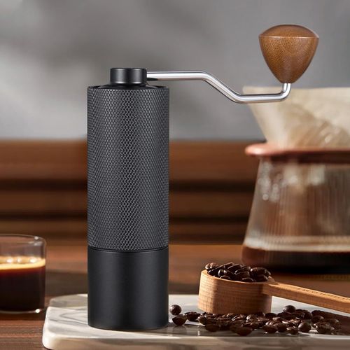 Manual Coffee Grinder Capacity 25 Grams, Stainless Steel Burrs - Wooden Handle, Burr Coffee Grinder for Home, Office, Camping, Hiking (Black)