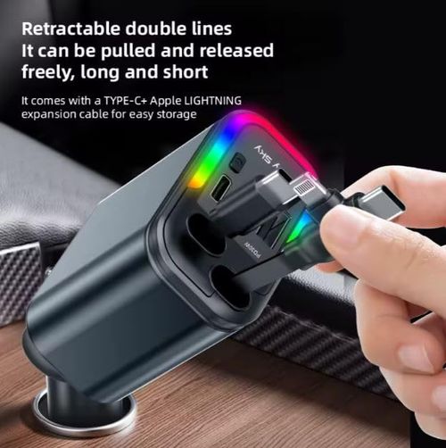 RGV Letest Upgrade Edition 5 in 1 Retractable Car Charger LED Starlight Headliner PD 180W Dual Fast Charging Type C for iPhone Android (Grey)