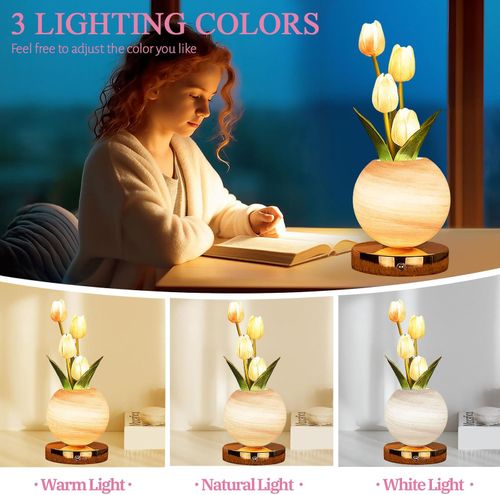 Tulip Table Lamp, Rechargeable Cordless Touch Dimming Artificial Tulip Flower Desk Lamp, LED Flower Bedside Night Light Romantic Gifts for Girl Women Mom