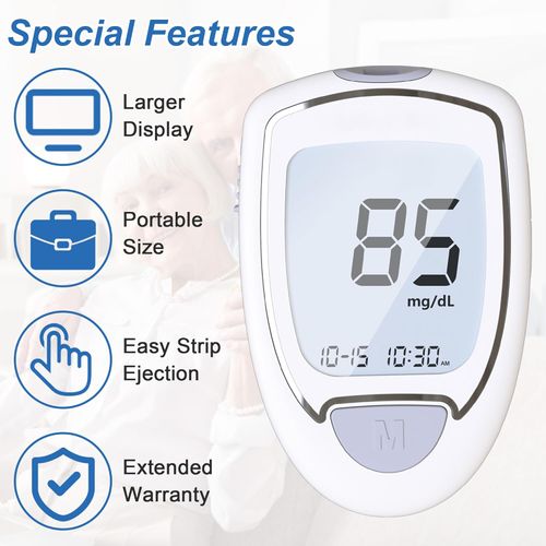 Glucose Monitor Kit, High Accuracy Blood Sugar Testing Kit with 50 Glucometer Strips or 50 Lancets, Larger-Screen Glucose Monitor with Lancing Devices, No Coding, Portable for Home or Travel