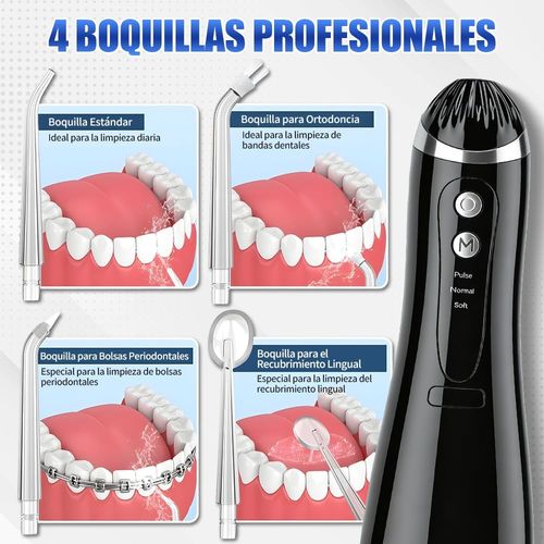 Irrigador Bucal, Irrigador Bucal Inalámbrico Portatil 3 Modos de Limpieza y 4 Puntas IPX7 Impermeable Limpiador de Dientes Recargable por USB para Hogar y Viajes (Negro)