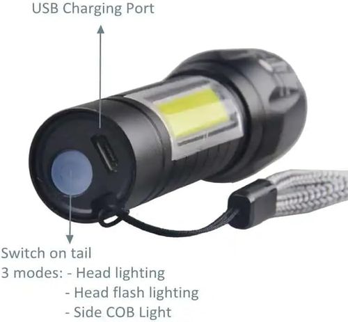 🔦USB Rechargeable LED Flashlight With Side COB Light For Kenya Daily Use