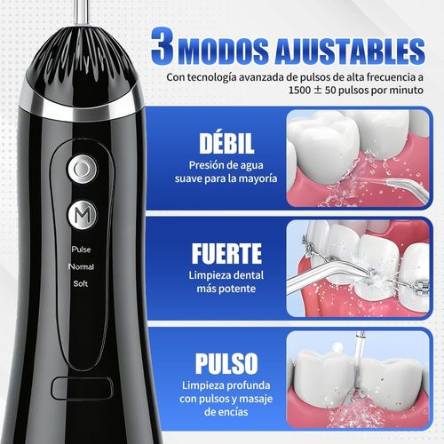 Irrigador Bucal, Irrigador Bucal Inalámbrico Portatil 3 Modos de Limpieza y 4 Puntas IPX7 Impermeable Limpiador de Dientes Recargable por USB para Hogar y Viajes (Negro)