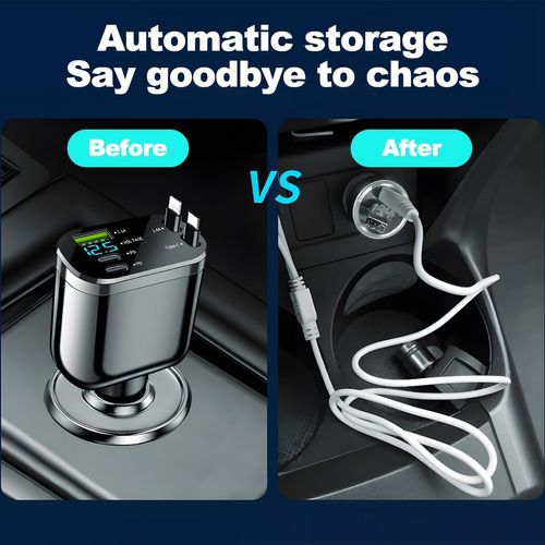 🚗 3-in-1 Retractable Car Charger Dual Type-C PD Fast Charging Cable ⚡ M4 Telescopic Charging Cable Super Fast Charger with Packaging