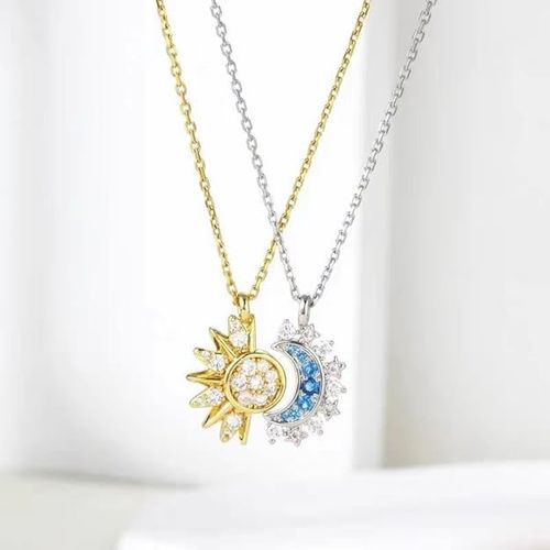LISHANTI Elegant Sun and Moon Pendant Necklace Set for Women | Gold and Silver Tone Chains with Sparkling Stones | Gift for Her, Birthday, Anniversary Jewelry