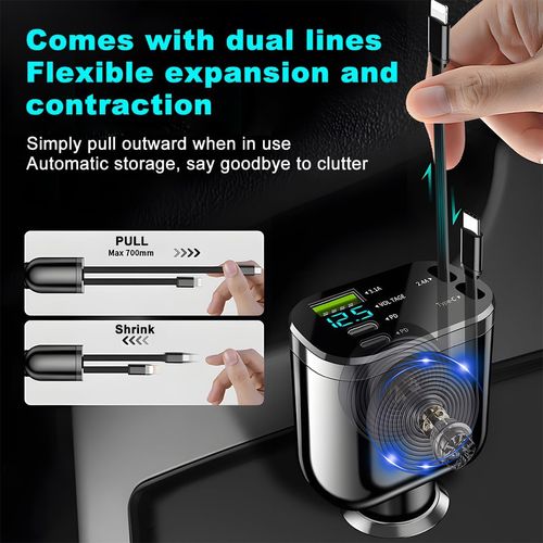 🚗 3-in-1 Retractable Car Charger Dual Type-C PD Fast Charging Cable ⚡ M4 Telescopic Charging Cable Super Fast Charger with Packaging