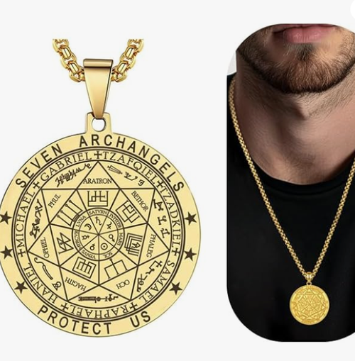 FLYUN Seal of The 7 Archangels Pendant Necklace for Men,Seven Archangels Protection Necklace for Men, Mens Spiritual Talisman Amulet Jewelry