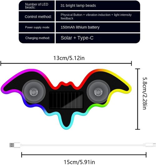 🦇 Solar Bat Car Light | Color Breathing Heartbeat Window Decor Lamp