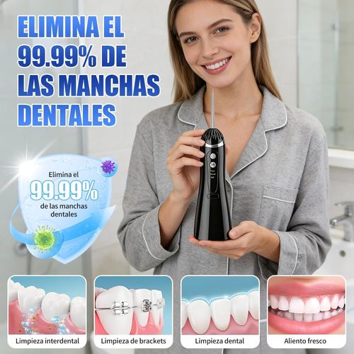 Irrigador Bucal, Irrigador Bucal Inalámbrico Portatil 3 Modos de Limpieza y 4 Puntas IPX7 Impermeable Limpiador de Dientes Recargable por USB para Hogar y Viajes (Negro)