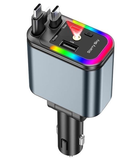 RGV Letest Upgrade Edition 5 in 1 Retractable Car Charger LED Starlight Headliner PD 180W Dual Fast Charging Type C for iPhone Android (Grey)