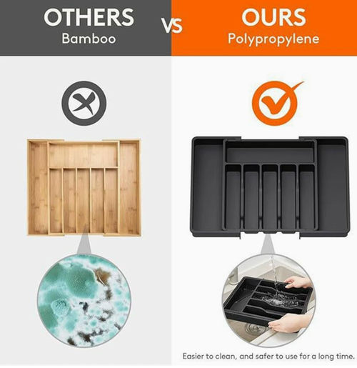 Silverware Storage Tray (with Outer Casing) — Adjustable Cutlery Organizer, Expandable Plastic Drawer Insert (Black)