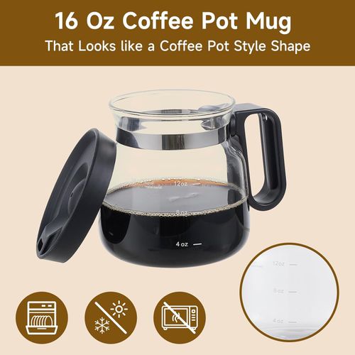 16 Oz Novelty Coffee Pot Mug - Funny Glass Carafe with Handle & Spill-Proof Lid, Unique Coffee Pot Shaped Drink Cup for Coffee Lovers, Dads, Office & Travel