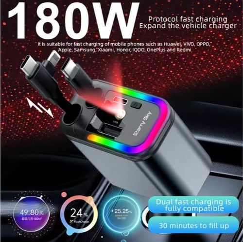 RGV Letest Upgrade Edition 5 in 1 Retractable Car Charger LED Starlight Headliner PD 180W Dual Fast Charging Type C for iPhone Android (Grey)