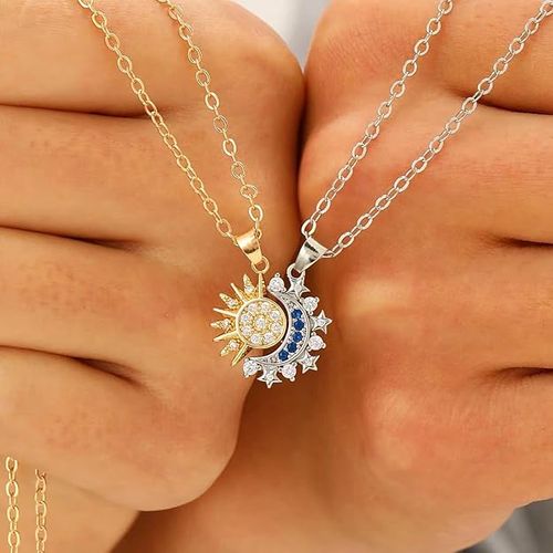 LISHANTI Elegant Sun and Moon Pendant Necklace Set for Women | Gold and Silver Tone Chains with Sparkling Stones | Gift for Her, Birthday, Anniversary Jewelry