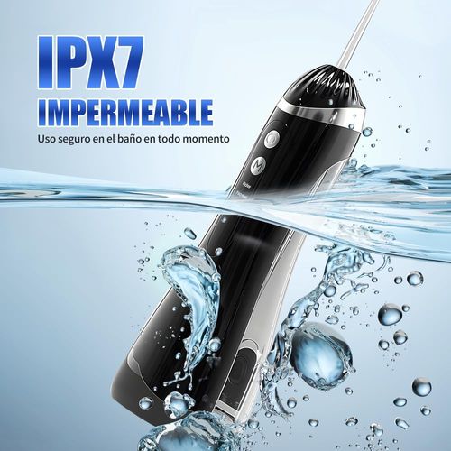 Irrigador Bucal, Irrigador Bucal Inalámbrico Portatil 3 Modos de Limpieza y 4 Puntas IPX7 Impermeable Limpiador de Dientes Recargable por USB para Hogar y Viajes (Negro)