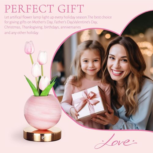Tulip Table Lamp, Rechargeable Cordless Touch Dimming Artificial Tulip Flower Desk Lamp, LED Flower Bedside Night Light Romantic Gifts for Girl Women Mom